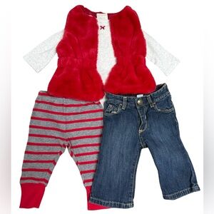 Red Faux Fur Vest - l/s onesie - Jeans - pants
3-6 months